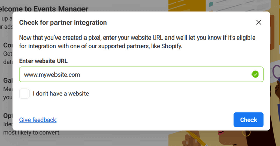 Inserisci l'URL del tuo sito web per creare il pixel Meta di Facebook