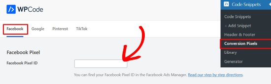 Incolla il tuo ID del pixel di Facebook