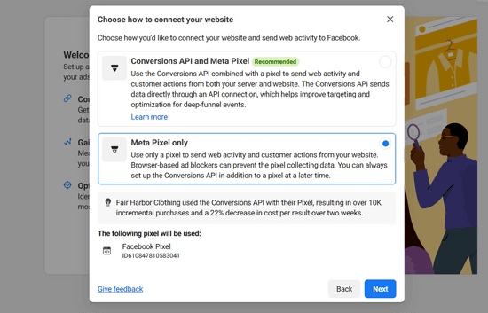 Scegli come connettere il tuo pixel Meta del sito web