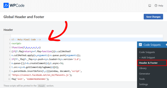 Incolla il pixel di Facebook nella casella dell'intestazione di WPCode