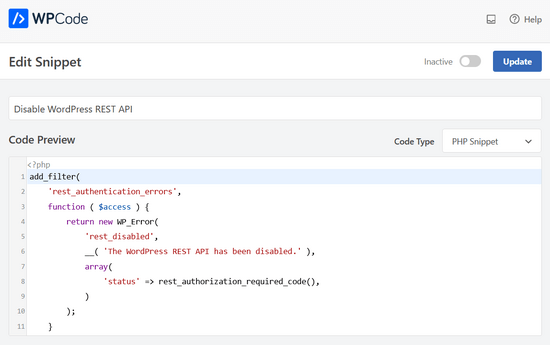 wpcode-disable-rest-api-snippet WPCode automatically adds the Disable JSON REST API snippet