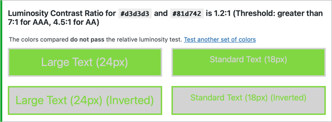 Résultats du testeur de contraste de couleurs d'accessibilité WP Résultats du testeur de contraste de couleurs d'accessibilité WP