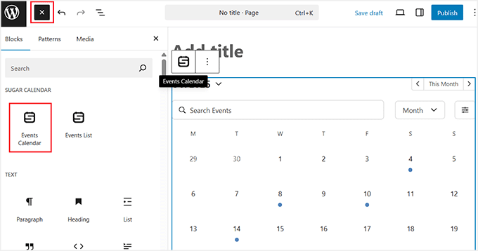 Add the events calendar block to add your Google Calendar in WordPress