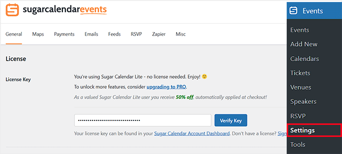 Add your Sugar Calendar license key