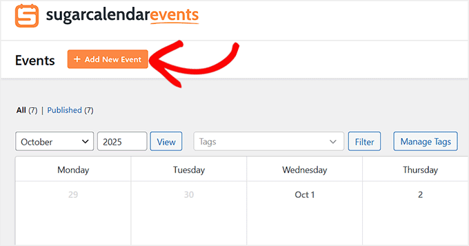 Click the Add New Event button in Sugar Calendar