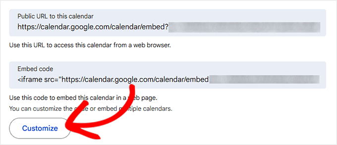 Click the Customize button for your Google Calendar