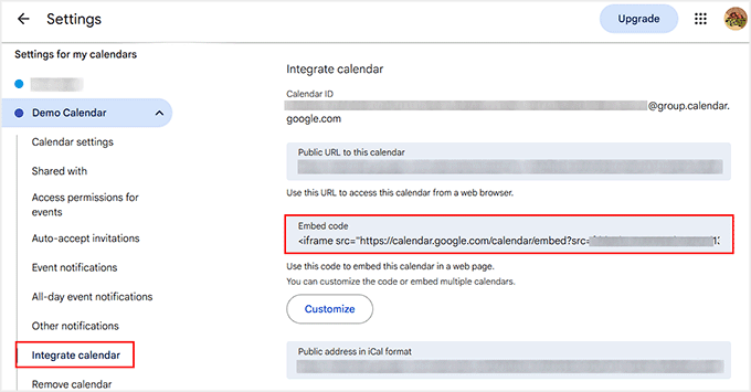 Copy embed code for your Google Calendar