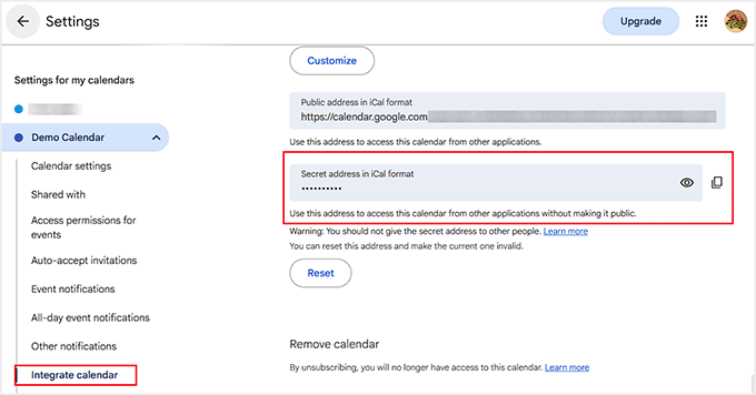 Copy secret address in iCal format in Google Calendar