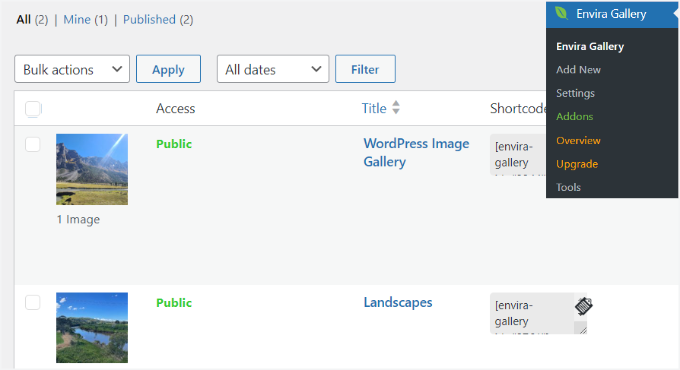 Visa Lightroom-samling i Envira