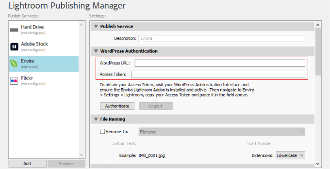 Ange WordPress-åtkomsttoken i Lightroom