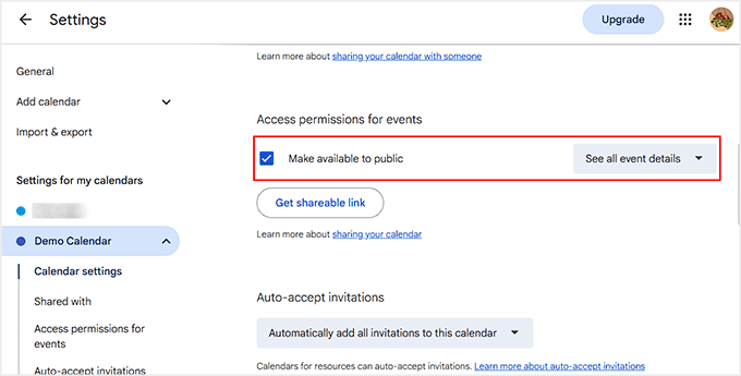 Make your Google Calendar available to public