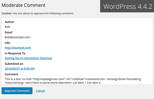 Ecran de moderare comentarii în WordPress 4.4.2