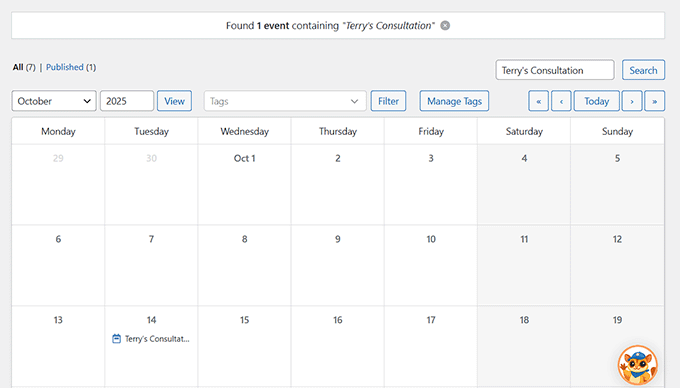 Use the search box to find events in Sugar Calendar