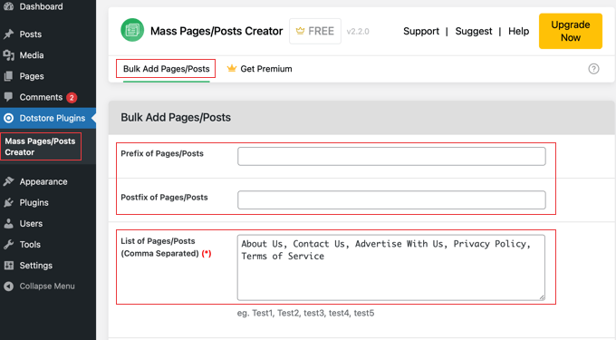 Adding a List of New Pages in Mass Pages/Posts Creator