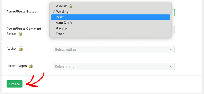 Selecting the Status of the Posts or Pages to Be Bulk Added