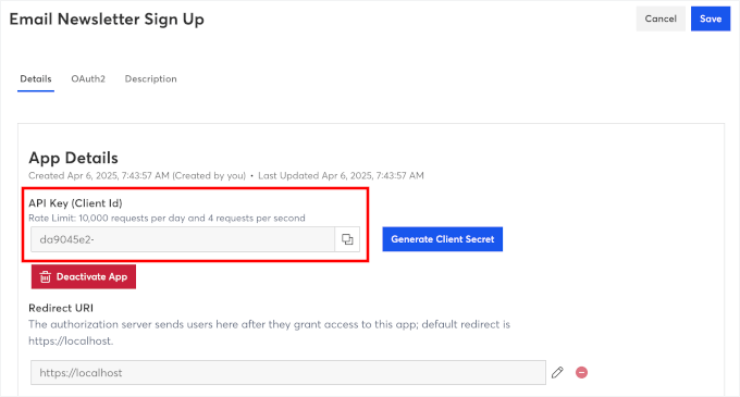Copying Constant Contact API key