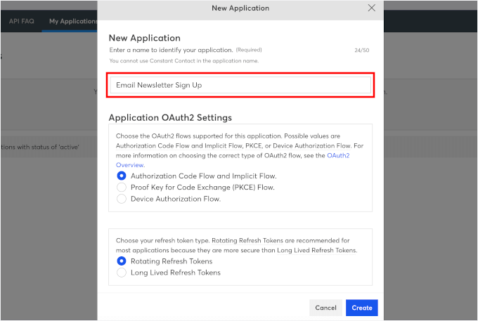 New app popup to generate API key