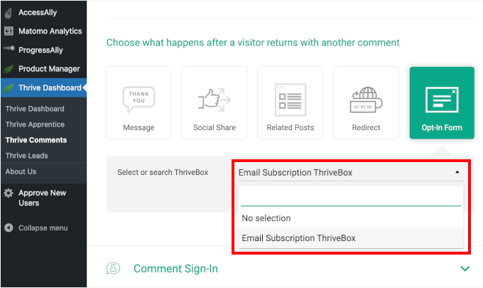 Choosing ThriveBox from the dropdown menu