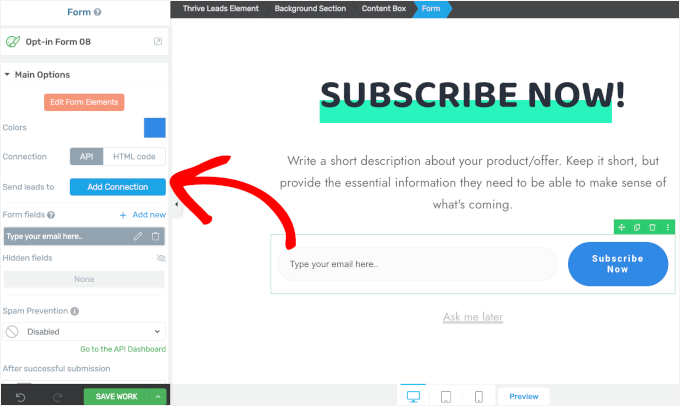 Accessing the lead generation element's main options