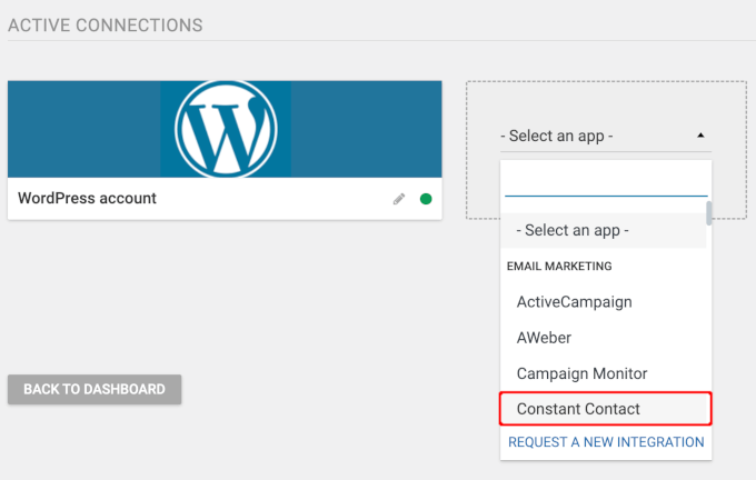 Selecting Constant Contact to make an email marketing connection