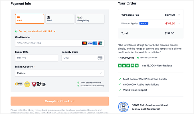 WPForms payment and purchase