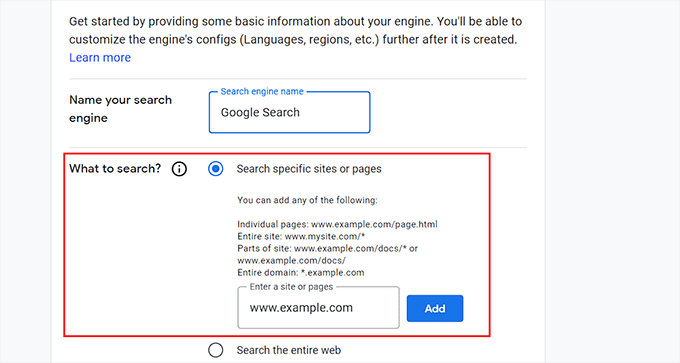 Aggiungi l'URL del sito web per creare la ricerca Google del sito