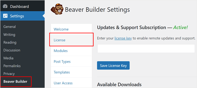 Entering your Beaver Builder license key Entering the Beaver Builder's license key