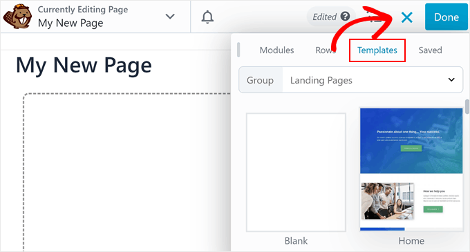 Choosing a template for your page layout in Beaver Builder Finding a template to add to the page template in Beaver Builder