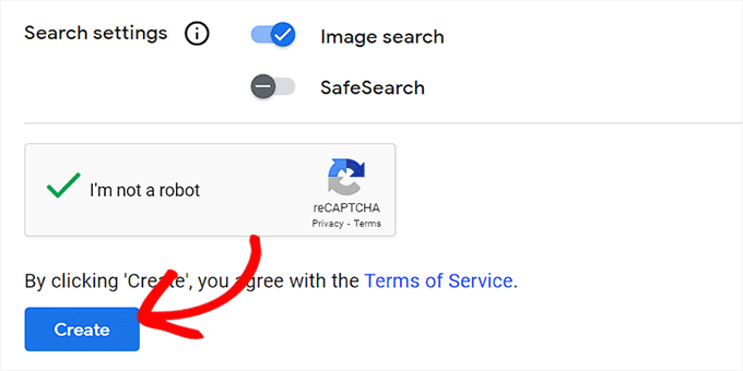 Fai clic su Crea per generare un ID del motore di ricerca Google