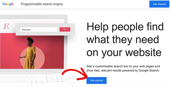 Fai clic sul pulsante Inizia sulla pagina Motore di ricerca programmabile