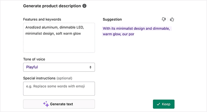 Generate AI product descriptions with Shopify