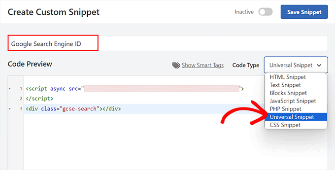 Incolla l'ID del motore di ricerca Google nella casella di anteprima di WPCode