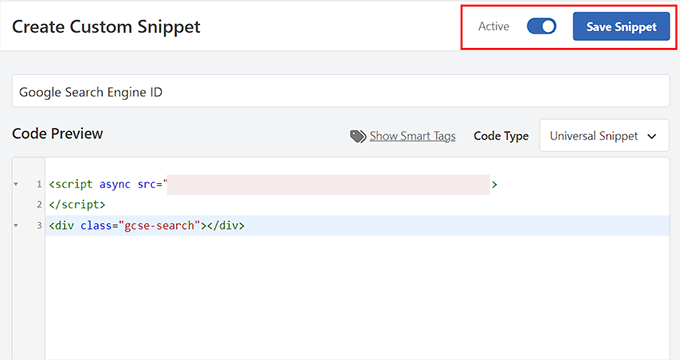 Salva lo snippet dell'ID del motore di ricerca Google