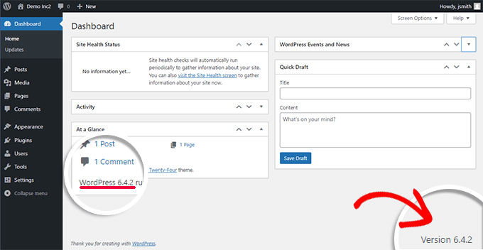 Versión de WordPress en la página del panel de administración.