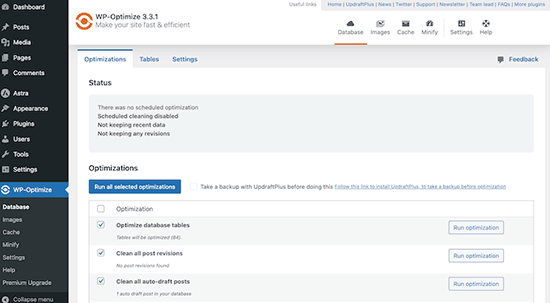WP Optimize dashboard WP Optimize dashboard