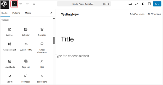 Add a widget in the full site editor