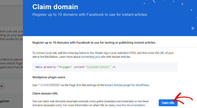 Cliquez sur le bouton Réclamer l'URL
