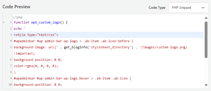 Vista previa del código para agregar manualmente el logo personalizado del panel de administración Vista previa del código para agregar manualmente el logo personalizado del panel de administración