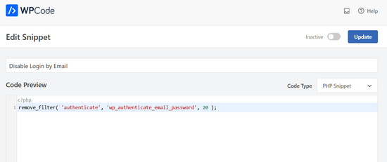 WPCode agrega automáticamente el código para deshabilitar el inicio de sesión por correo electrónico