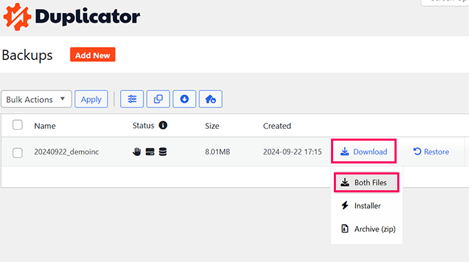 Download backup files Download backup files