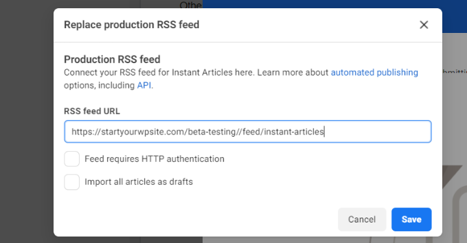 Entrez l'URL du flux de production et enregistrez