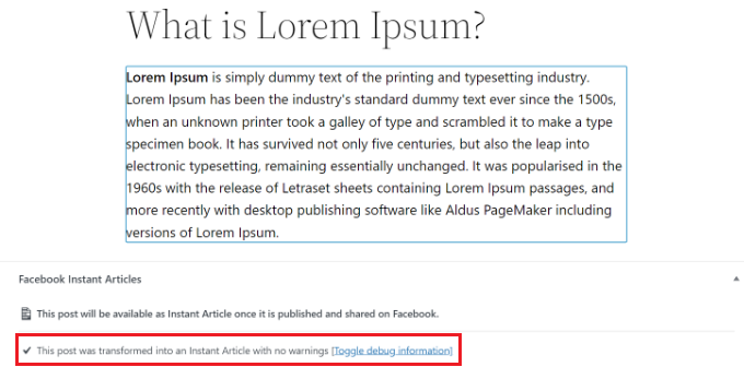Avertissement d'articles instantanés dans WordPress