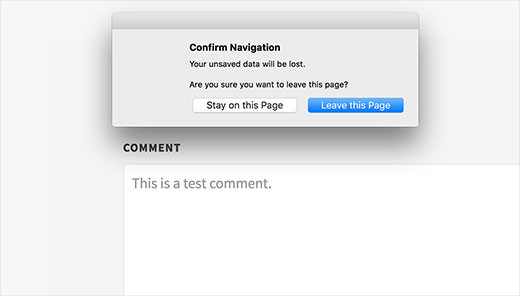 Popup de notification avertissant l'utilisateur des modifications non enregistrées