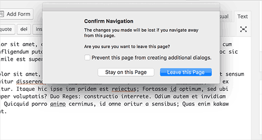 Popup d'avertissement de modifications non enregistrées dans l'éditeur de publication WordPress