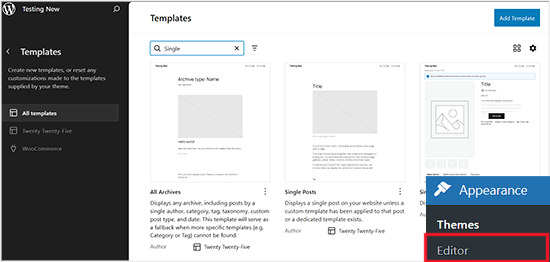 Select a template in full site editor