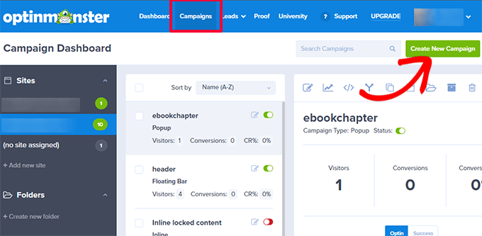 Skapa en ny kampanj i OptinMonster