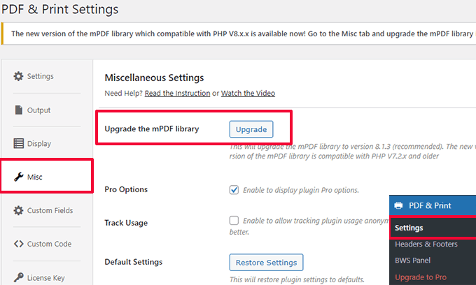 Uppgradera mPDF-biblioteket