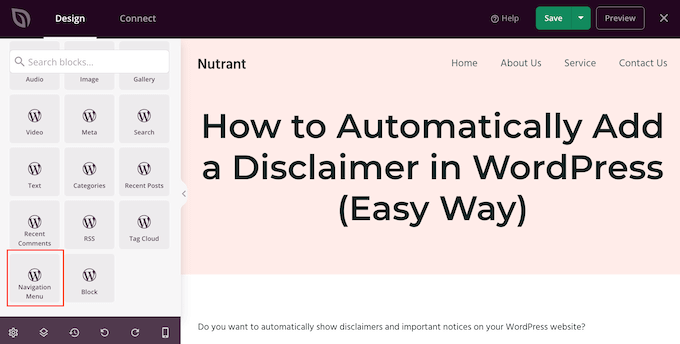 Adding a navigation widget using the SeedProd page builder plugin Adding a navigation widget using the SeedProd page builder plugin