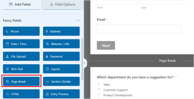 Add a page break field Add a page break field