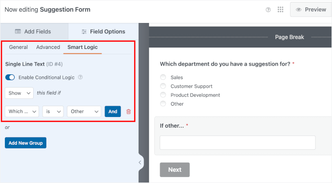 Smart logic enabled for the If other... field Smart logic enabled for the If other... field
